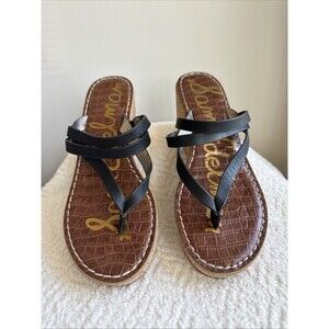 Sam Edelman Platform Cork Wedge Sandals Sz 8M Rasha Thong Black Leather Upper